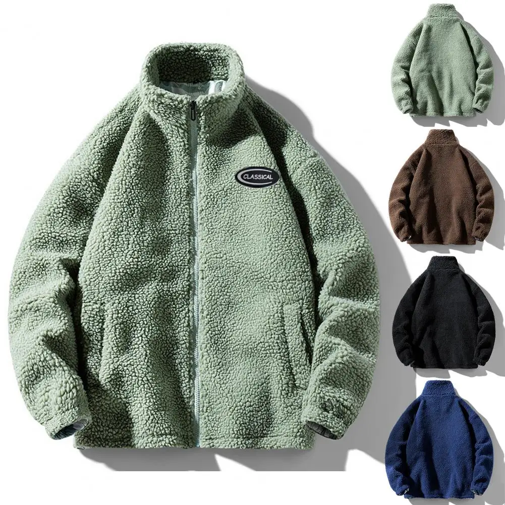 

Autumn Winter Men Faux Sherpa Jacket Thick Stand Collar Zipper Pocket Male Coat Solid Color Long Sleeves Loose Casual Coat