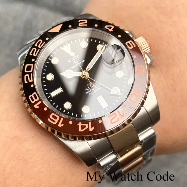 NH34 GMT Two Tone Silver Rose Gold Diving Watch for Men Root Beer 