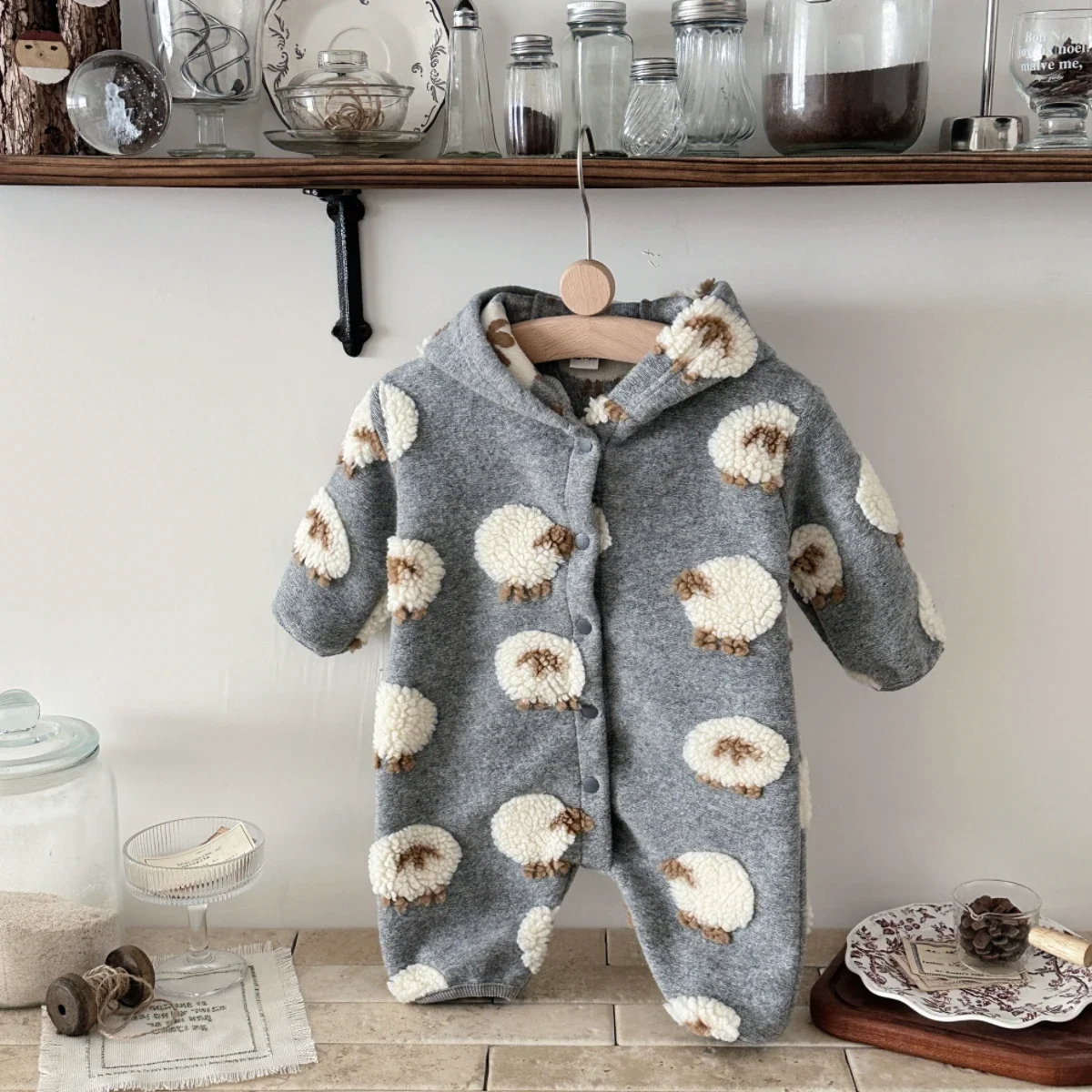 1-18 mesi bambino inverno grigio con cappuccio agnello ricamato manica lunga peluche tuta quotidiana neonato ragazzi ragazze vestiti caldi - immagine 3
