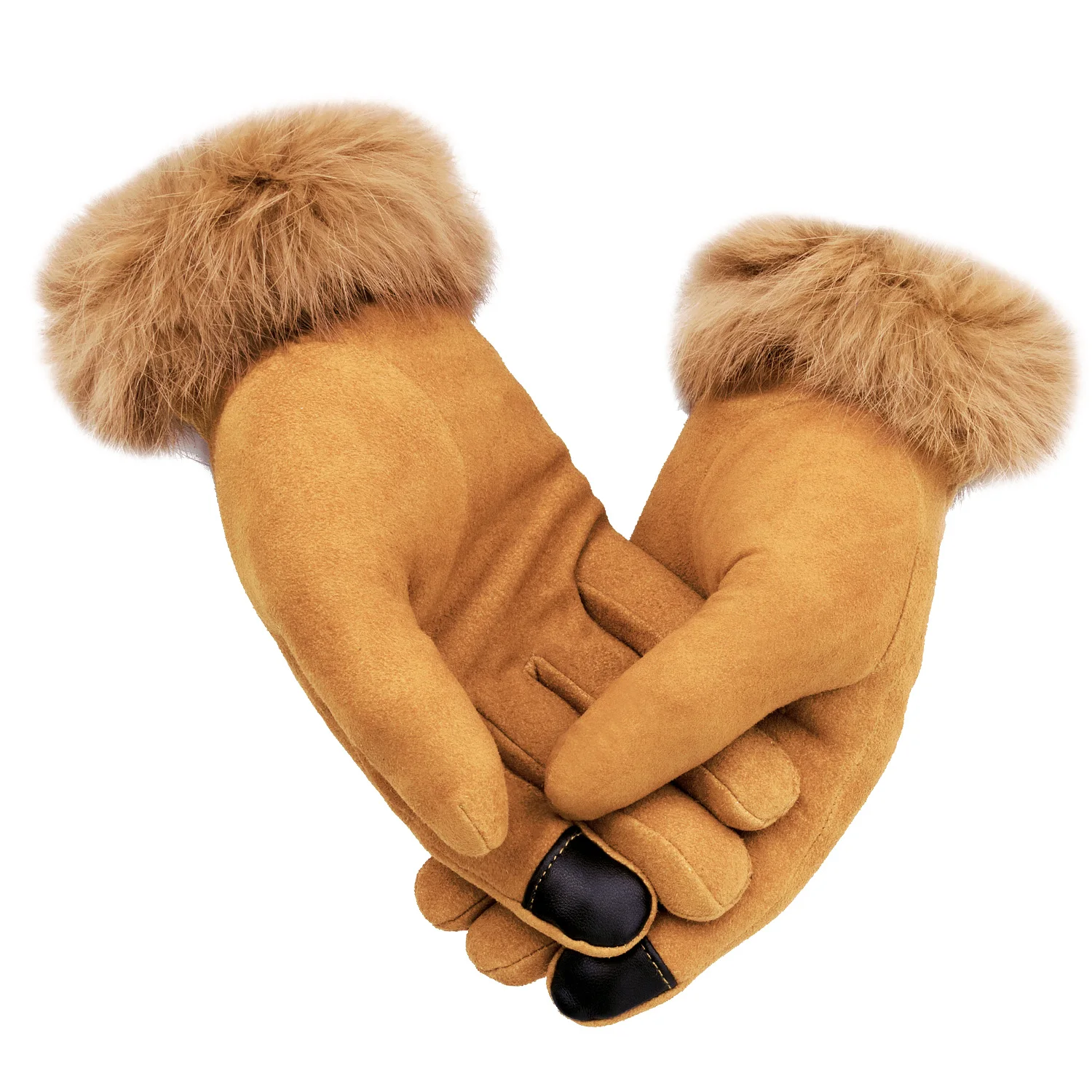 

OZERO New Fashion Winter Warm Plus Velvet Touch Screen Gloves Rabbit Fur Cuff Outdoor Sports Motorcycle Skiing Gloves for Women