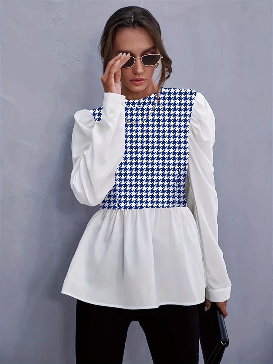 S3766f54e2134456c8e849383d18a96abp Women Elegant Houndstooth Shirt Fashion Ruffle Stitching Fluffy Long Sleeve Top Casual Chic Ladies Blouse Office White Shirts Mallzona