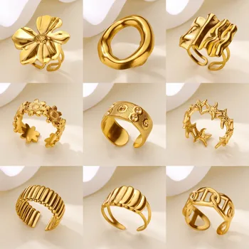 Gold Color Stainless Steel Delicate Flower Rings for Women Fashionable Elegant Versatile Wide Finger Ring Daily wear Jewelry 1