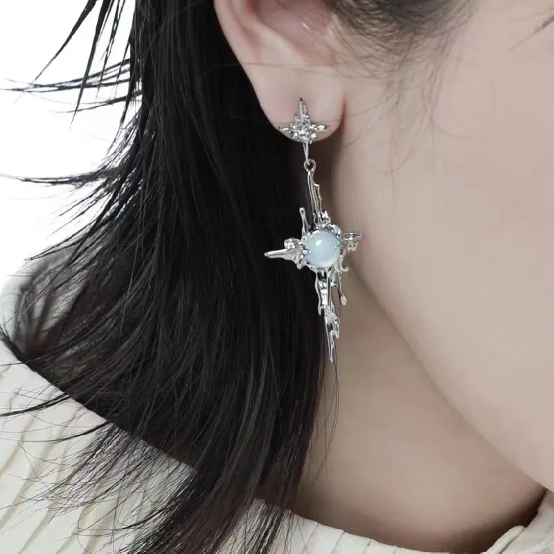 

Irregular Liquid Metal Cross Moonstone Dangle Earrings Young Girl Trend Metal Cross Moonstone Drops Earrings Jewelry Wholesale
