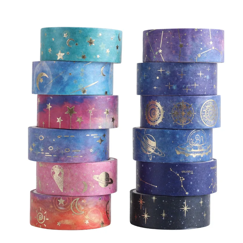 

12 pcs/set 15mm*2m Universe Planet Gold Foil Washi Tape Set Masking Tapes Scrapbooking Diy Journaling Decor Art Supplies Gift