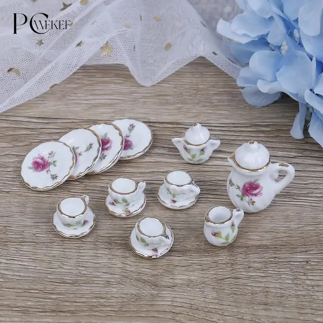 15PCS 1/12 Miniature doll house pink Flower Patten Porcelain Coffee Tea Cups Ceramic Tableware Dollhouse Kitchen Accessories 1