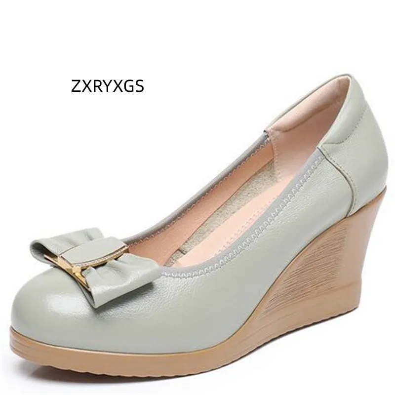 

ZXRYXGS 2023 Spring Top Cowhide Bow Women Genuine Leather Shoes High Heels Wedges Comfort Elegant Fashion Shoes Non-slip Tide