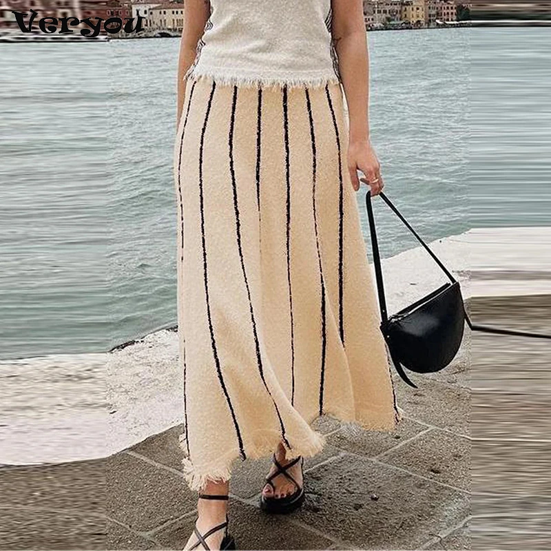 

Elegant Autumn Winter Long Skirt Women Fashion High Waist Striped Print Knitted Skirts For Women Loose Vocation Skirts Dress