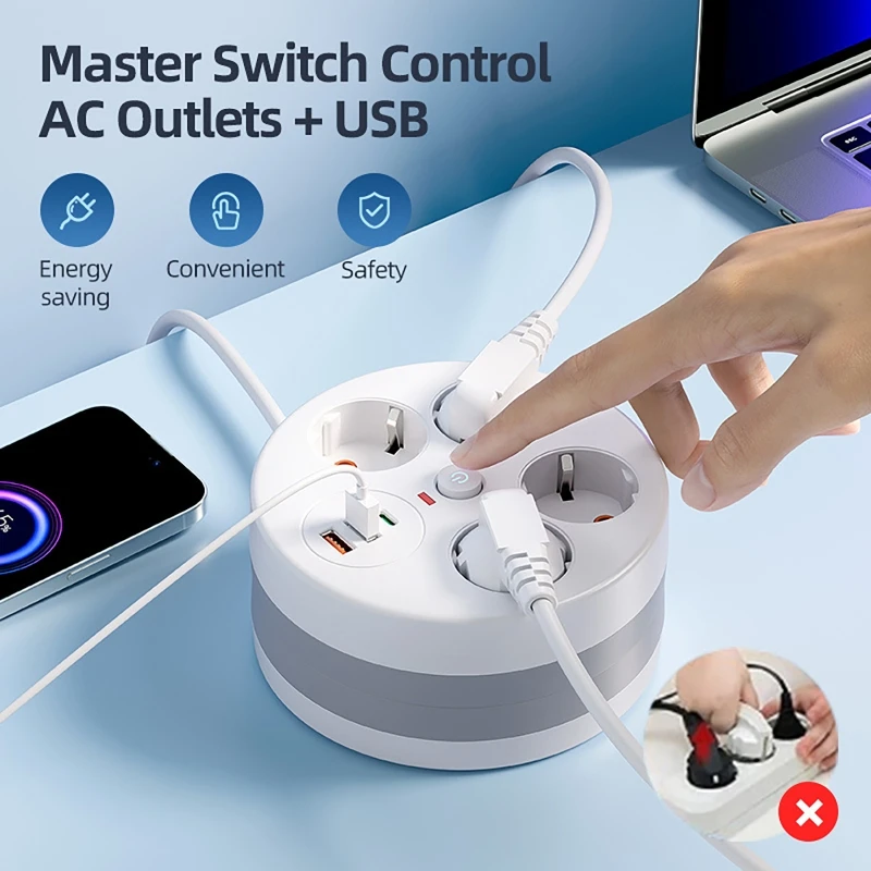 2.8미터 연장선, 4개 AC 콘센트, 2개 USB 포트, 1개 타입 C EU 플러그 충전 스위치가 있는 멀티탭 벽면 소켓 연장기