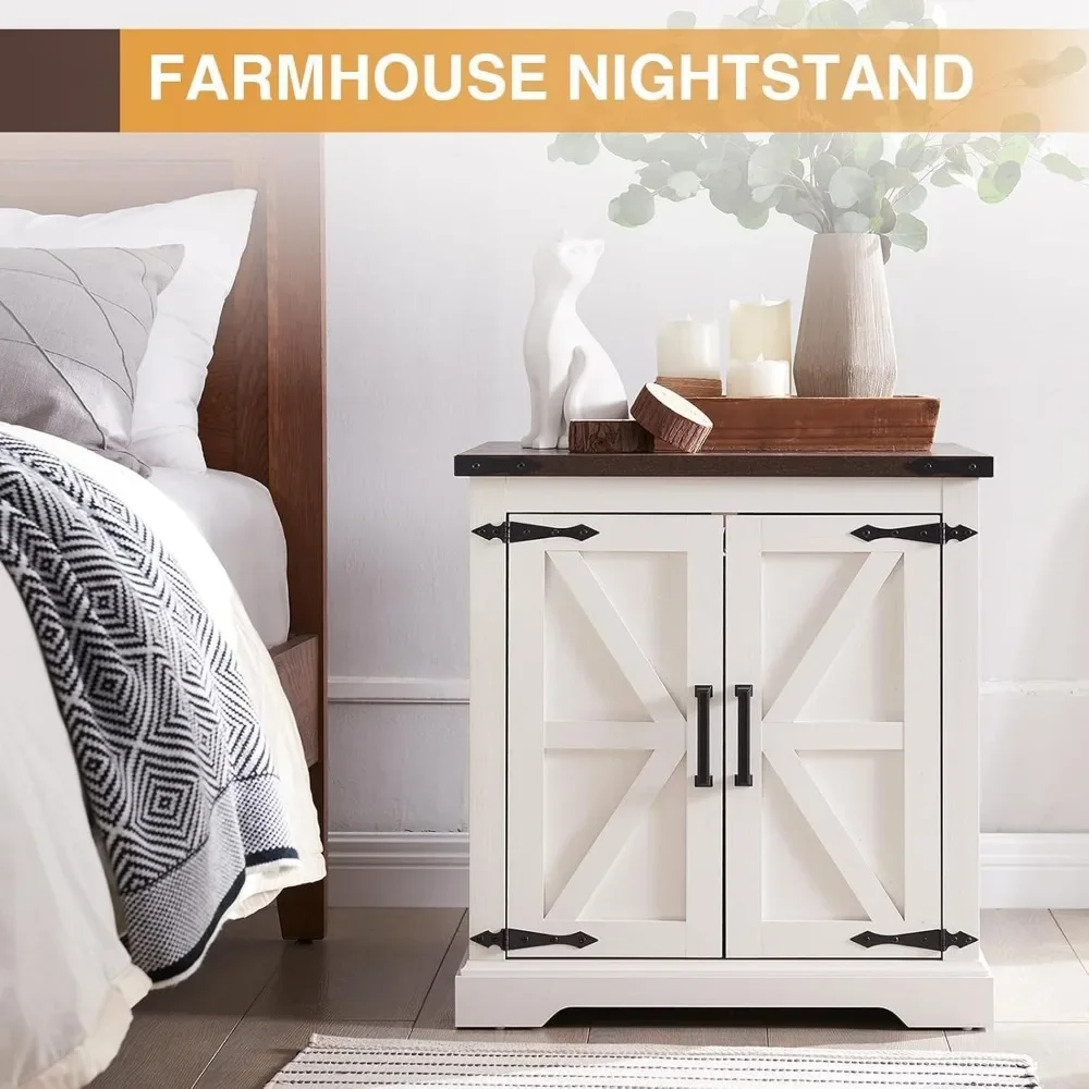 Description Picture 4 of itemFarmhouse End Table with Charging Station,24" Large Sofa Side Table with Barn Door, Rustic Wood Square Nightstand Bedside Table