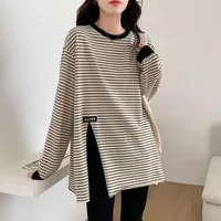 Autumn Winter Striped Base Layer Top Women's Design Sensibility Side Slit Thickened Long Sleeve T-shirt Inner Long Way Red Sweat