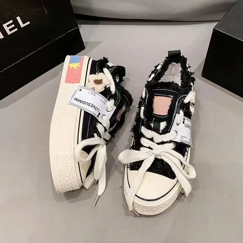 Classic Womens Style Breathable Floral Canvas Shoes Autumn Thick Platform All-match Student Sneakers Zapatillas Mujer