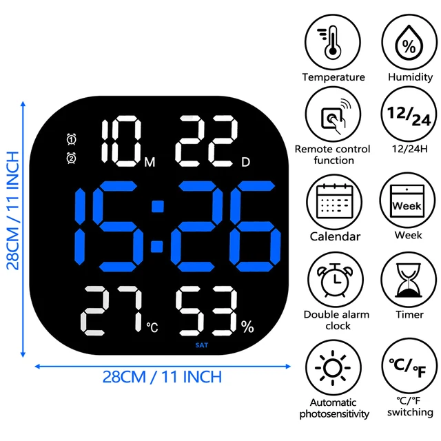 11-inčni digitalni zidni sat s velikim zaslonom, LED zaslon, daljinskim upravljačem, budilica, stolni sat za spavaću sobu s kalendarom temperature i vlažnosti_voghion.com