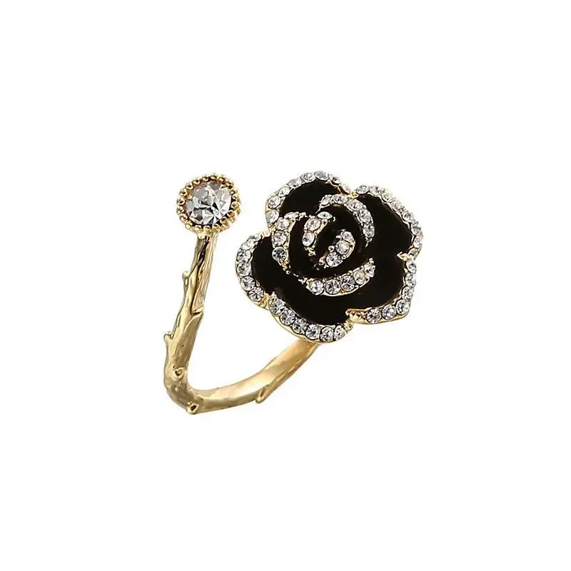 Ring Jewelry Korean Black Rose Shaped Metal Opening Rings for Woman Girls Fashion Luxury Zircon Adjustable Index Finger Rings Party