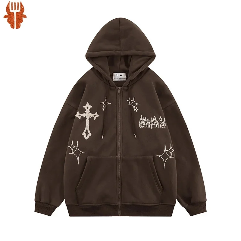 

2024 Tide Brand Hooded Cardigan Sweater Men and Women Cross -embroidered Couple Trend Street Loose Hat Shirt Jacket Men's