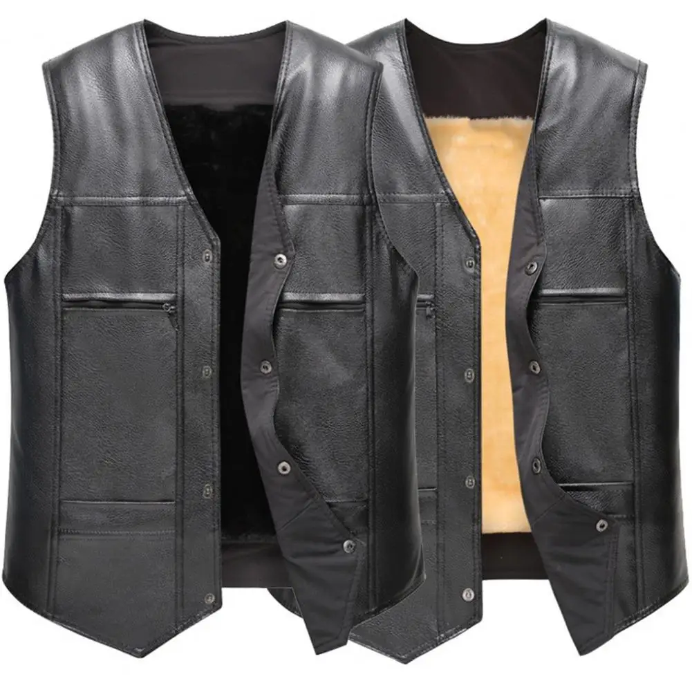 Faux Leather Jacket Men Motorcycle Vest Coat Warm Autumn Winter Single Breasted V-neck Sleeveless Jacket Waistcoat