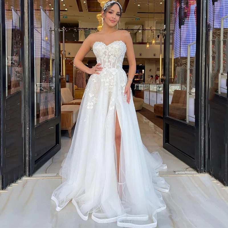 

Charming Sweetheart Wedding Dresses Bohemian Lace Appliques Backless A Line Bridal Gowns High Side Split Vestido De Novia 2023