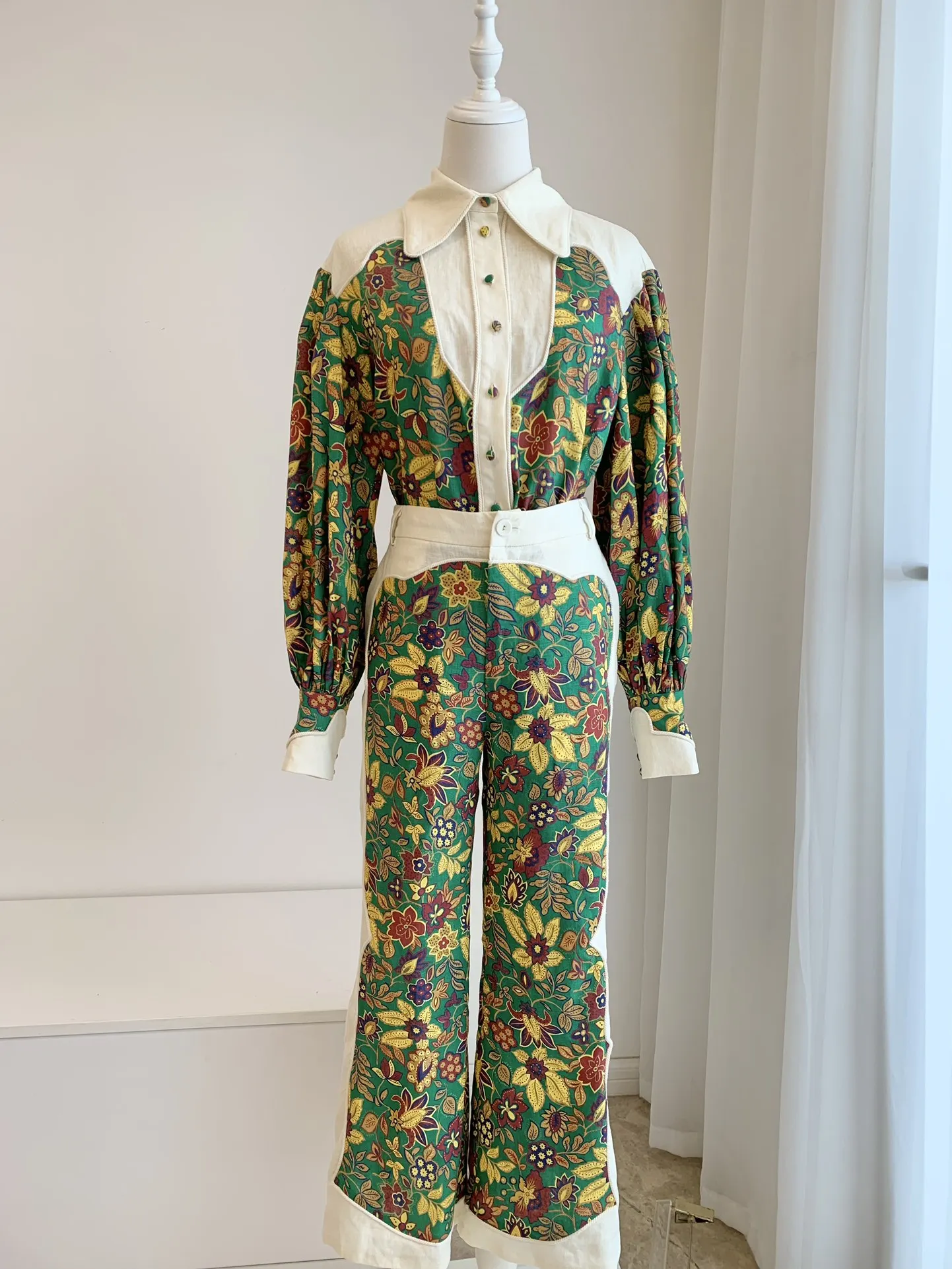 

Women Shirt Linen Flower Printed Turn-down Collar Long Sleeve Blouse Or High Waist Wide Leg Pants