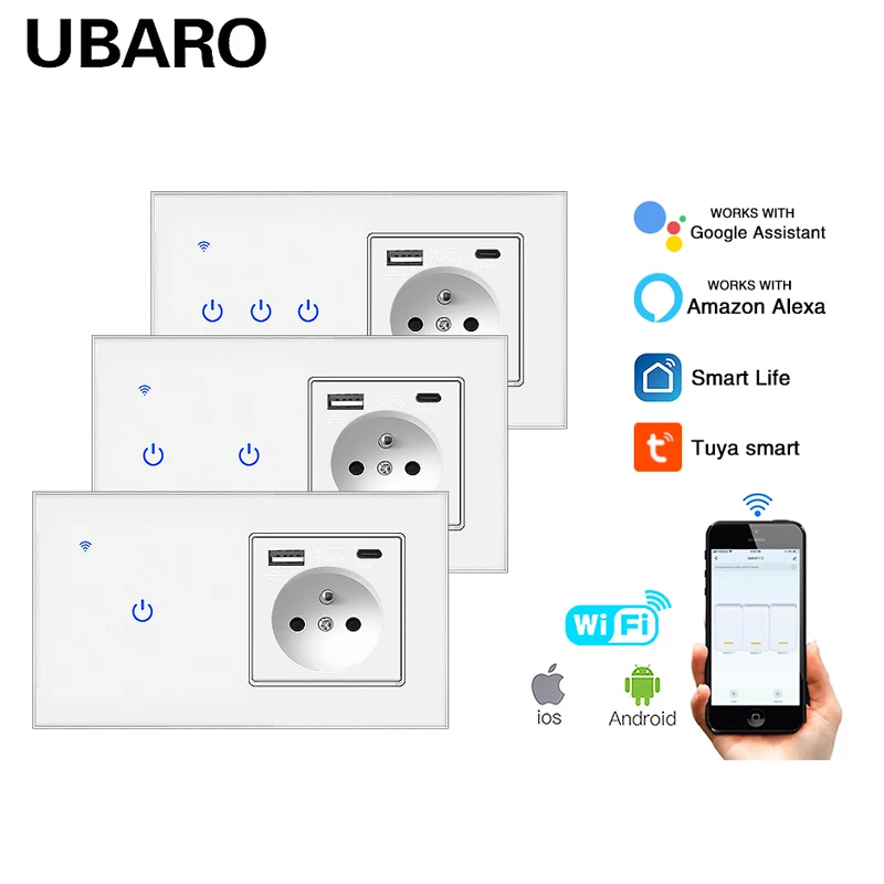 Tomada Tuya Wifi com Painel de Vidro 146×86 mm fr Smart Home Botão Sensor Inteligente Trabalhar com o Google Home Alexa Alice Voice