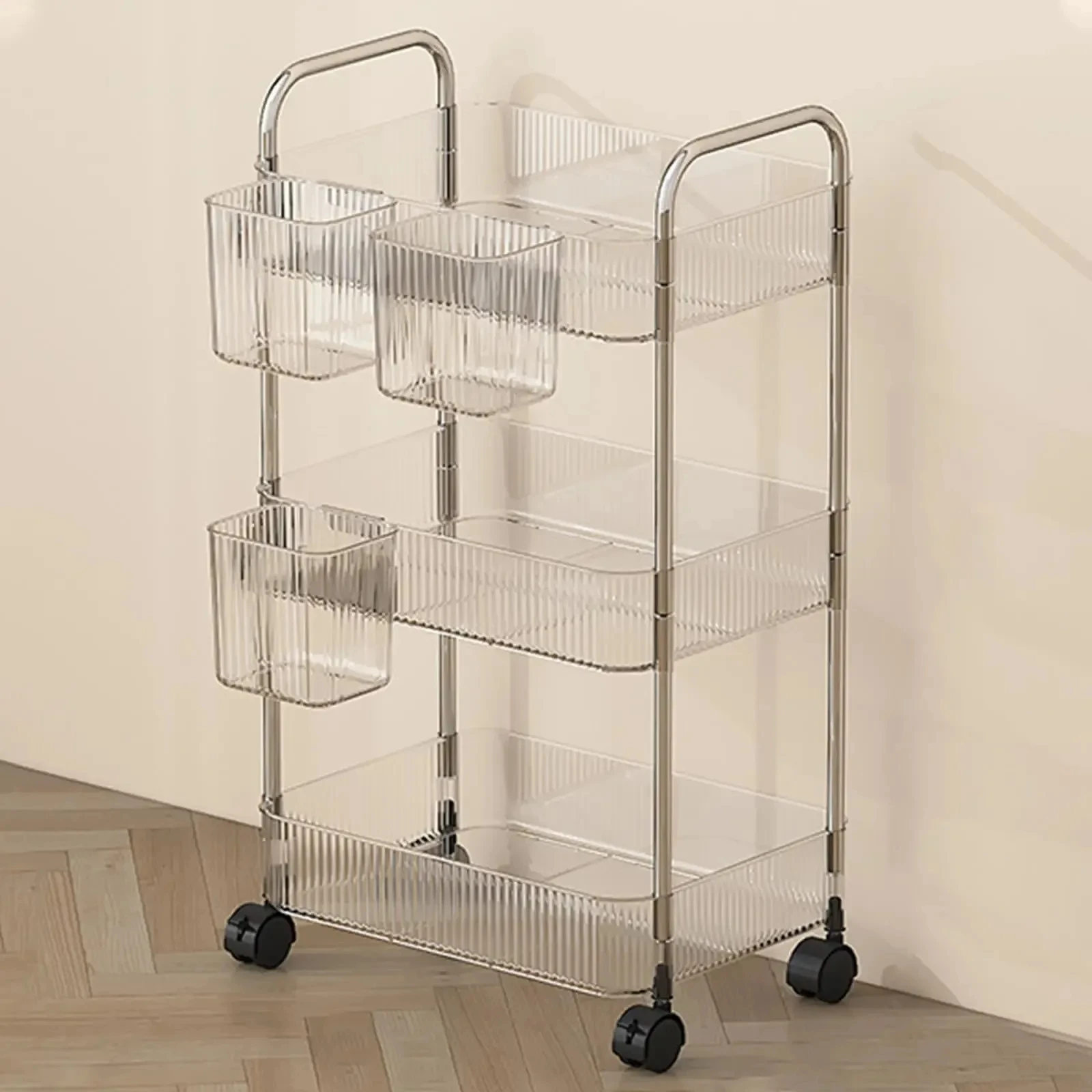 Storage Rack Light Luxury 2/3/4 Layers Transparent Acrylic Rolling Cart with Removable Hanging Baskets for Snacks Bookshelf rolling storage cart