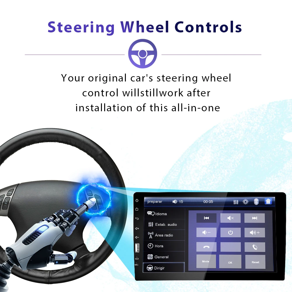 Podofo 1 Din 9'' Auto-Multimediaplayer mit Mirror Link, einstellbarer bunter Hintergrundbeleuchtung, intelligentes Autosystem, USB, SWC, FM-Radio – Detail 8
