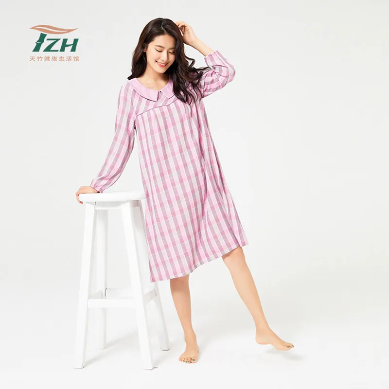 

Tianzhu Brand Autumn Ladies Home Clothes Cute Pink Plaid Nightdress Soft and Comfortable Loose Pajamas