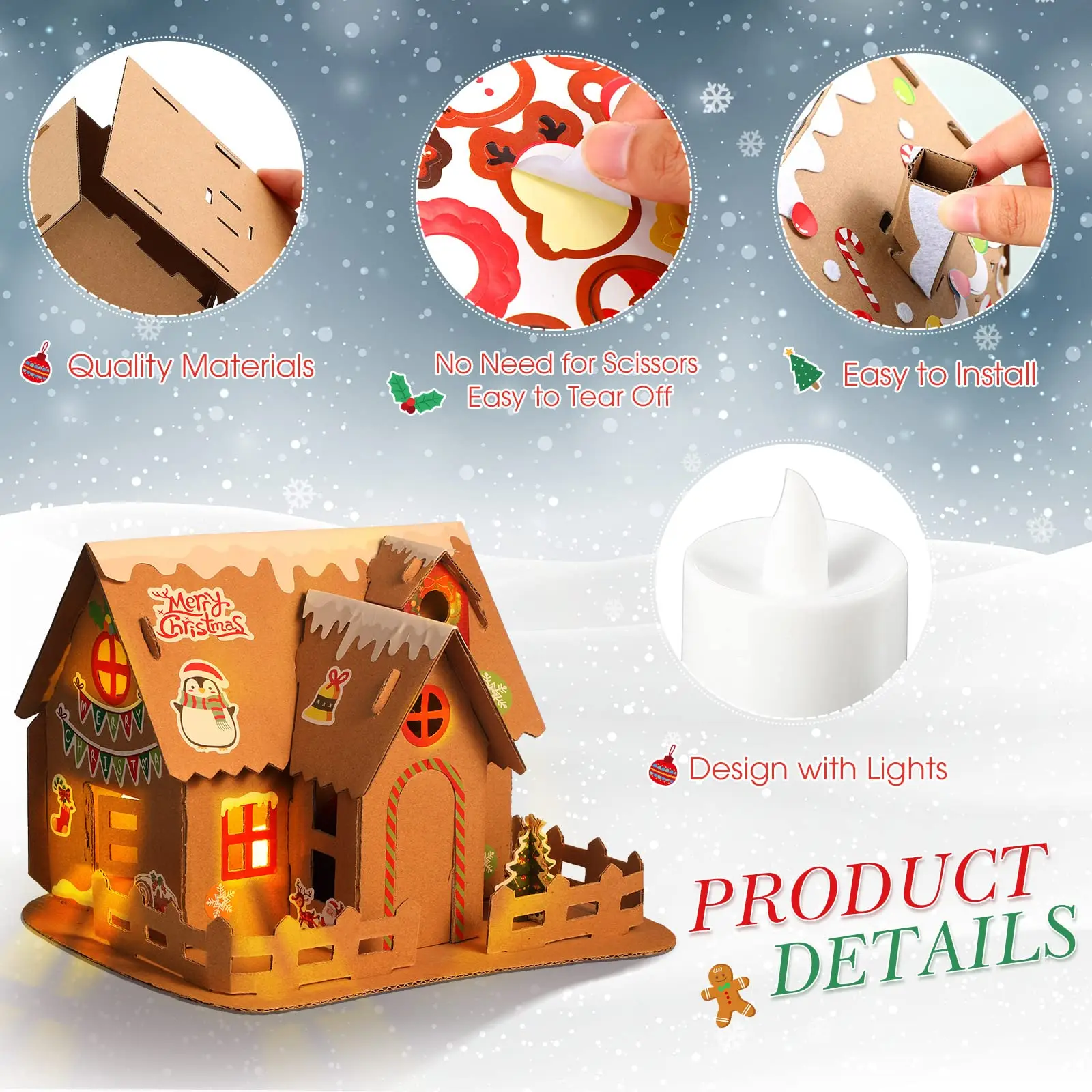 Christmas Gingerbread House Kit with Light Cardboard Christmas Craft Kit  DIY Build Gingerbread House Supplies for Boy Girl Kids Holiday Fun Party  Game