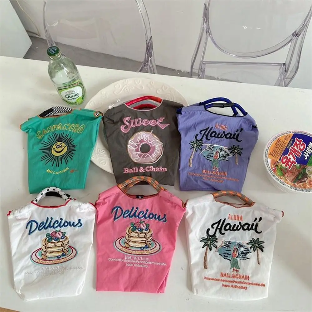 Printed Ball Chain Embroidery Canvas Bag Kawaii Japanese Shopping Bag Nylon Storage Bag Makeup Bag Mini Handbag Girls