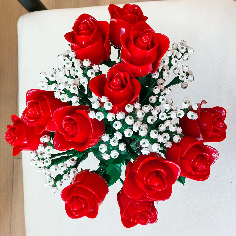 968PC Romantic Rose Bouquet Building Blocks Creative Home Desktop Plant Decorati