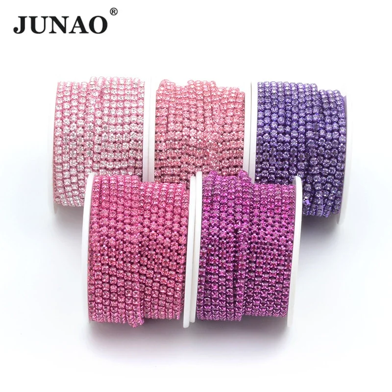 

JUNAO 10 Yards/Roll SS6 SS8 SS12 SS16 Glitter Crystal Sewing Rhinestone Chain Colorful Claw Glass Cup Chain Sew On DIY Trimming