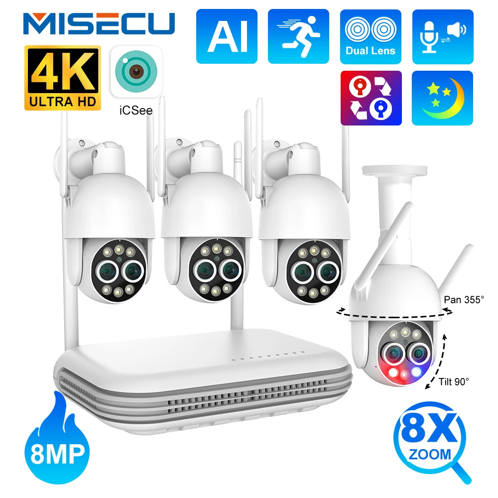 

MISECU PTZ 8X Dual Lens 8MP 8CH Wireless Surveillance Security System Human Detection 4MP Two Way Audio WIFI NVR Camera Kit