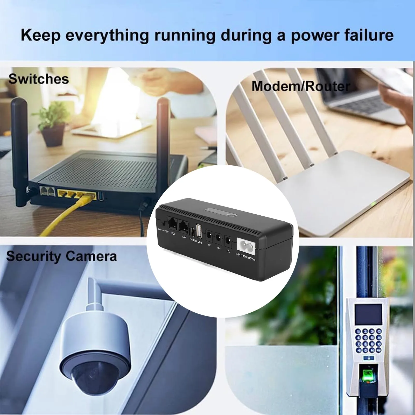 UPS Battery Backup 10400mAh 5V 9V 12V 15V 24V Uninterruptible Power Supply for Camera Router Modem100‑240V UPS Battery Backup