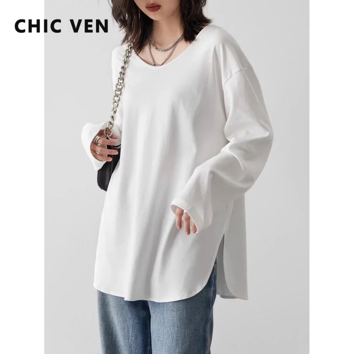 CHIC VEN Women T-Shirts Loose Casual U-Neck Long Sleeve Female Tees Split Bottom Woman Top Ladies Clothing Autumn Spring 2023 - Image 3