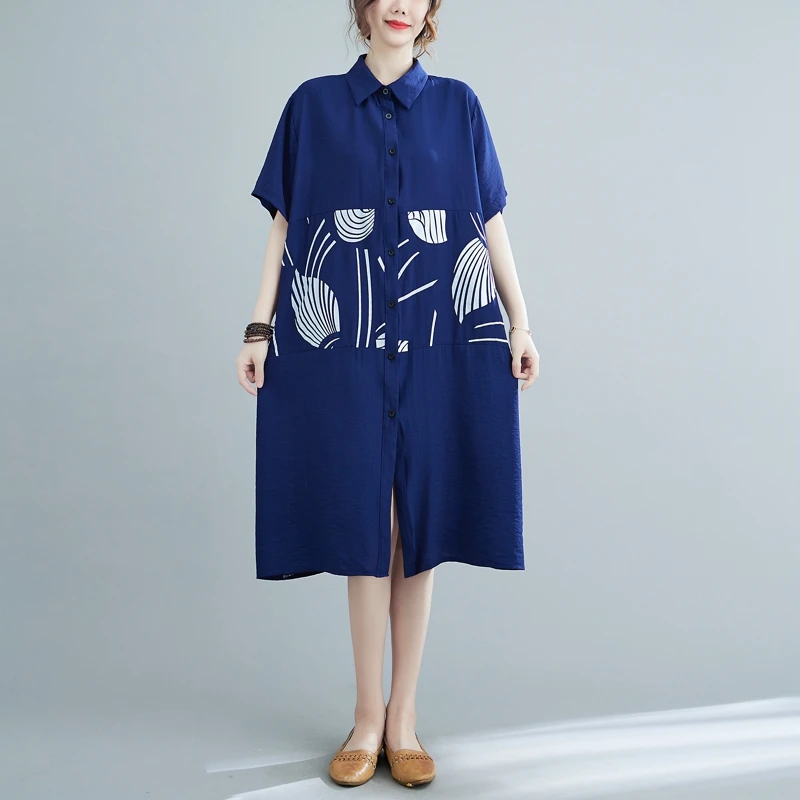

2023 New Arrival Thin Light Soft Patchwork Print Loose Summer Blouse Dress Office Lady Work Dress Fashion Women Casual Dress