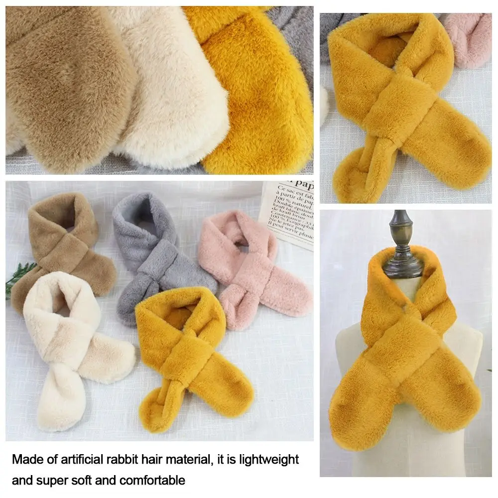 Cute Solid Color Cross Scarf Faux Rabbit Fur Plush Thicken Neck Scarf Neckerchief Wrap Boys