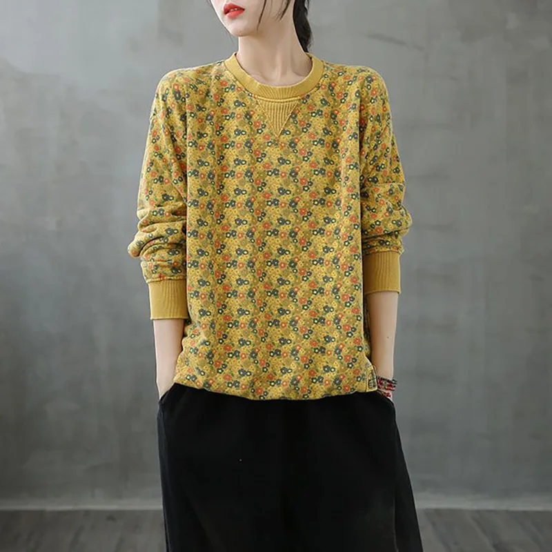 Fashion Printed O-Neck Spliced Floral Blouse Women's Clothing 2022 Autumn New Oversized Casual Pullovers All-match Commute Shirt