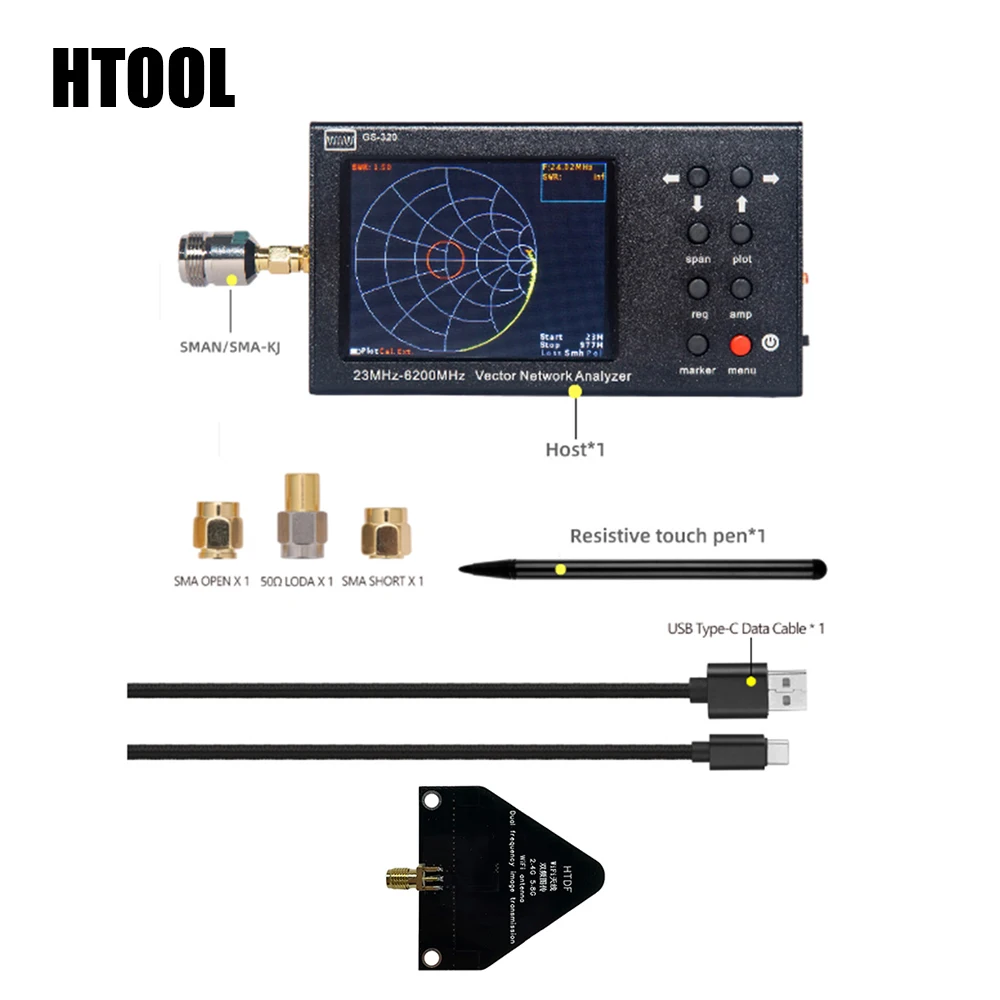 HTOOL GS320 Vector Network Analyzer 6GHz HTDF 2.4G 5.8G Mapping Antenna 6-7dB 50&Omega; Measuring Voltage Standing Wave Ratio