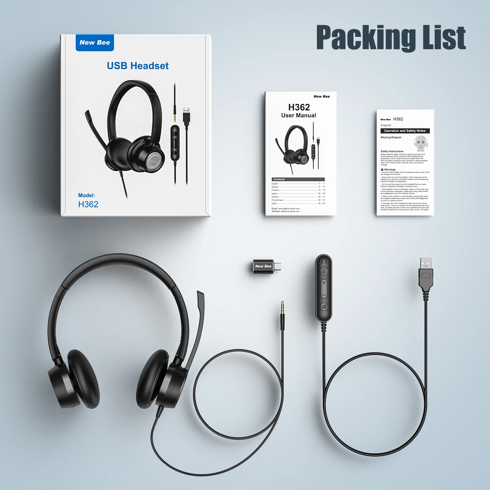 New Bee USB Headset for PC Call Center Headphones Rotatable Mic 3.5mm Business Earphones with Mic Mute Noise Cancelling