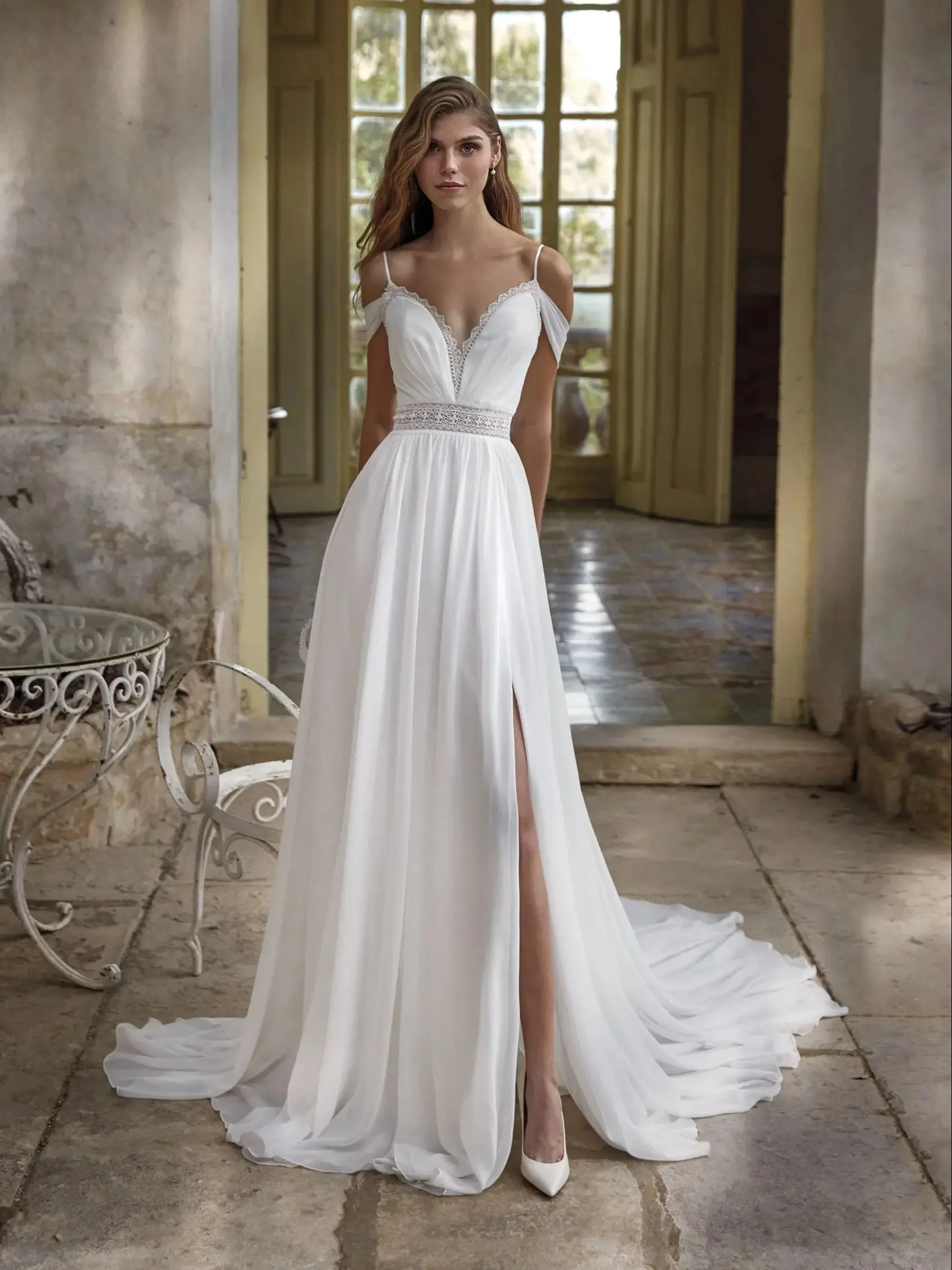 

Wedding Dress Elegant A Line V Neck Spaghtti Straps Robe De Mariee Off Shoulder Sleeveless Side Slit Sweep Train Bridal Gowns