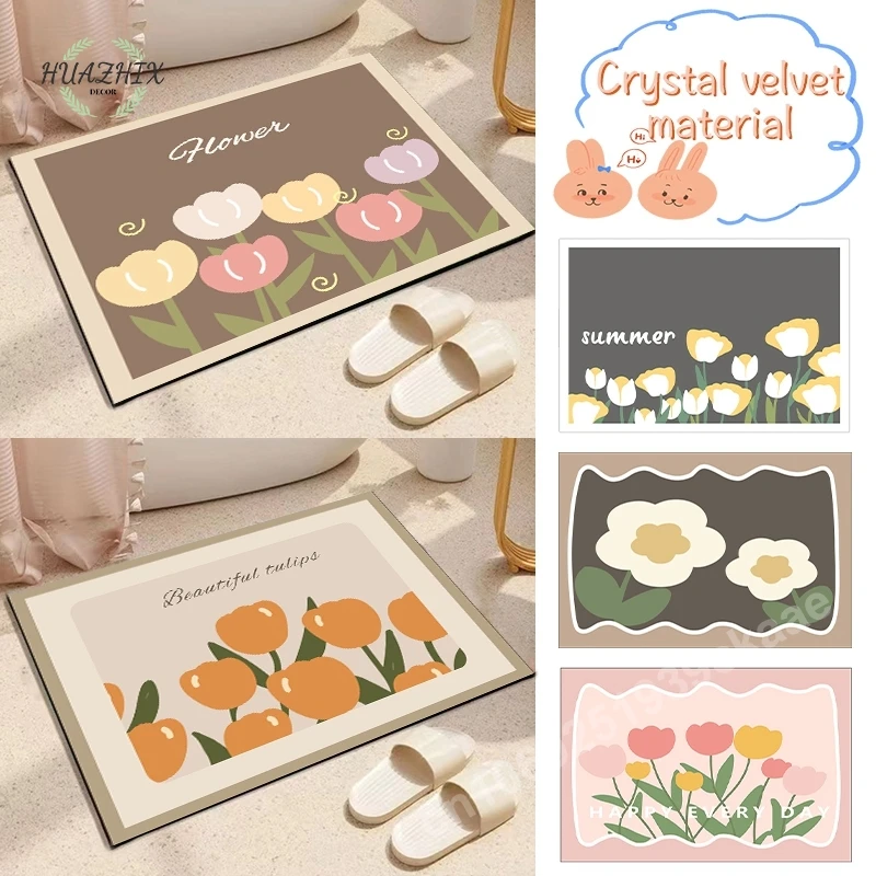 

Flower Printing Mat Super Absorbent Bathroom Carpet Non Slip Kitchen Rug Home Living Room Retro Decoration Diatom Mud Floor Rugs