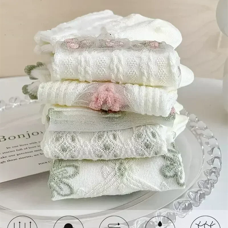 5 Pairs Sheer Socks for Women, Glass Silk Lovely Lolita Cotton Socks, Cool and Breathable Floral Jacquard Vintage Palace Style