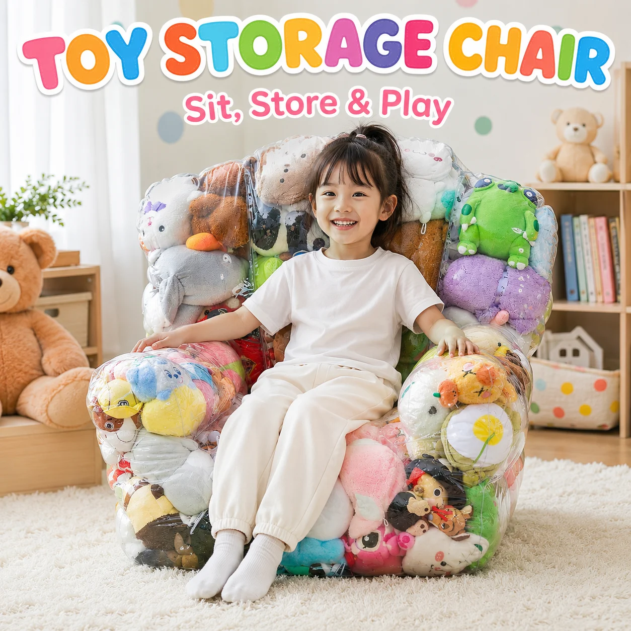 Stuffed Animal Storage Bean Bag Chair Cover Plush Toy Storage Bag Clear PVC Large Capacity Sofa Seat Cube Lounger with Zipper - 5