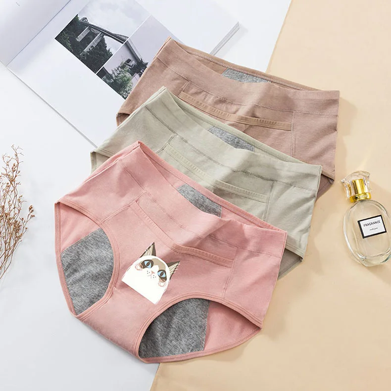 Leak Proof Cotton Menstrual Panties - Breathable Cartoon Cat Womens Intimates 3PCS