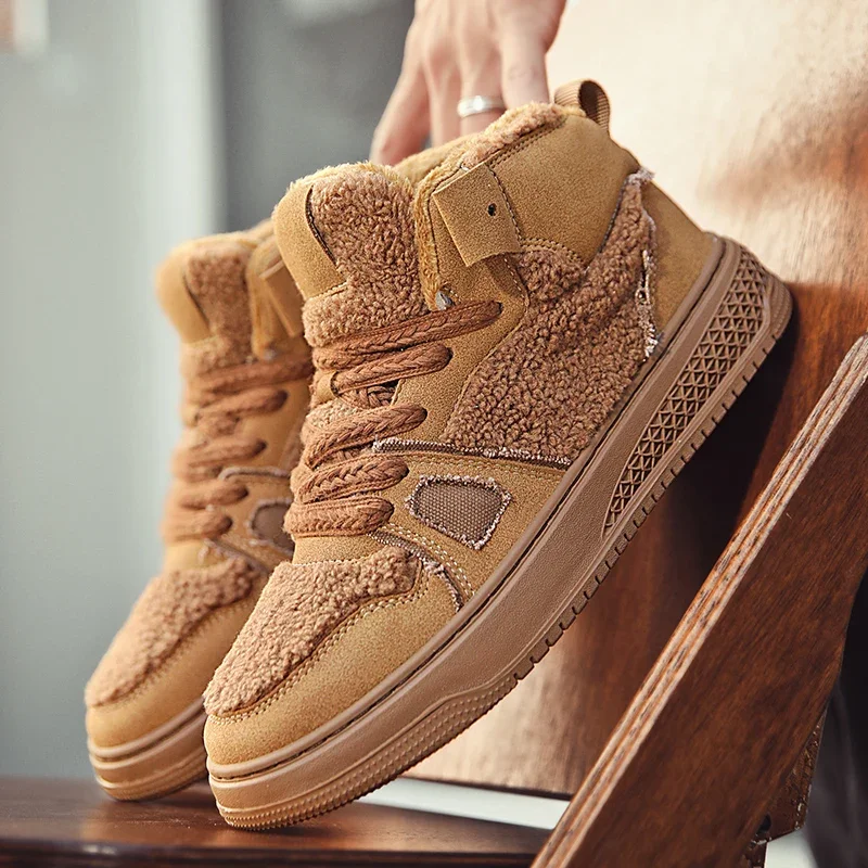 

New Casual Plush Warm Flat Shoes with Lace Up Winter Plush Fur Warm Fur Shoes for Men's Outdoor Winter Walking Shoes Size 44