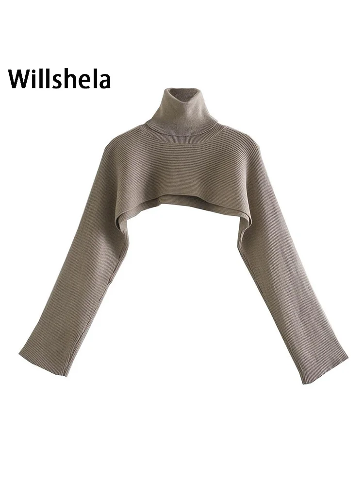Willshela Women Knit Crop Top Knitted Arm Warmers High Neck Chic Sweater Casual High Street