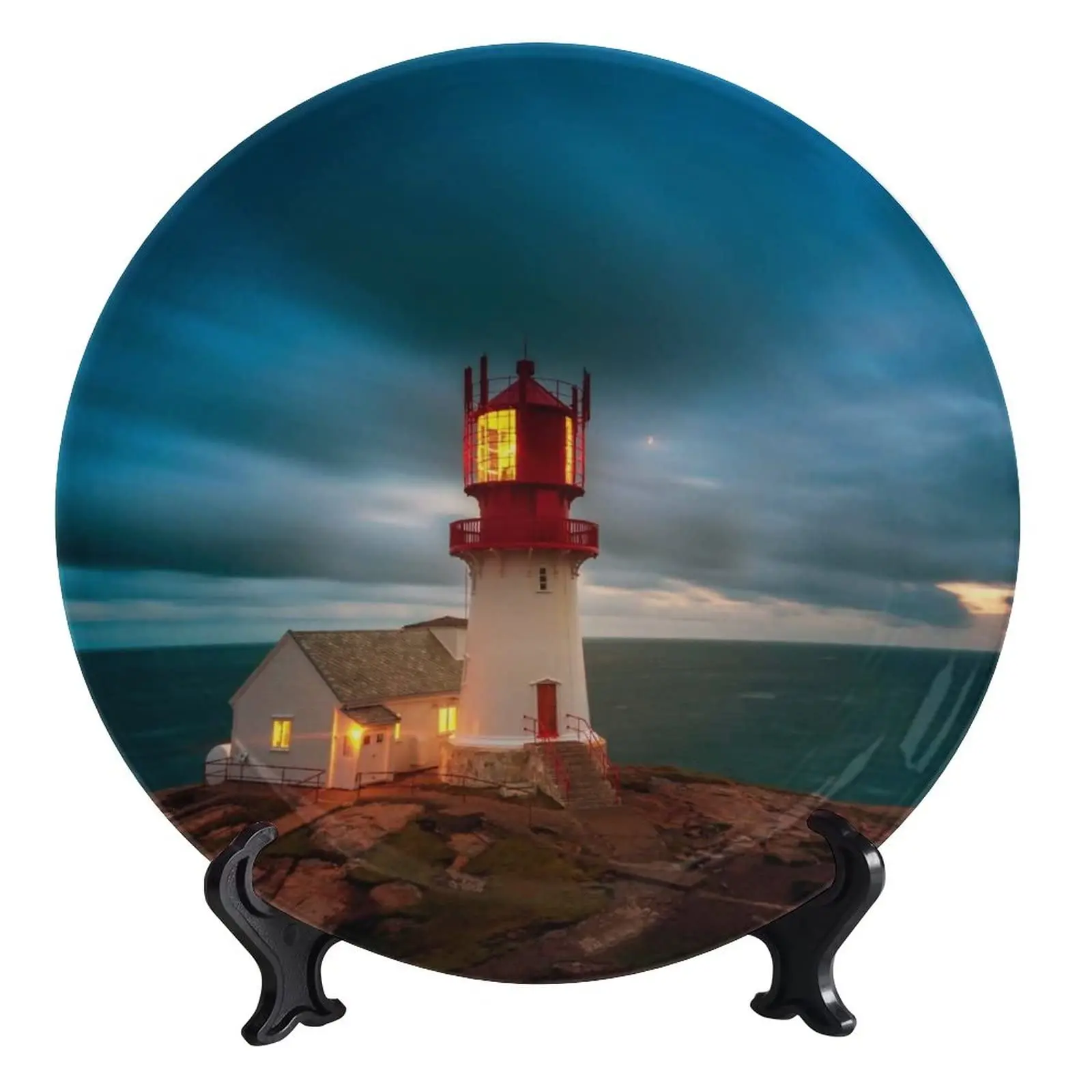 

Coastal Landscape Ceramic Hanging Decorative Plate, Lighthouse Point Coast Decorative Dish with Stand Art Porcelain Plate