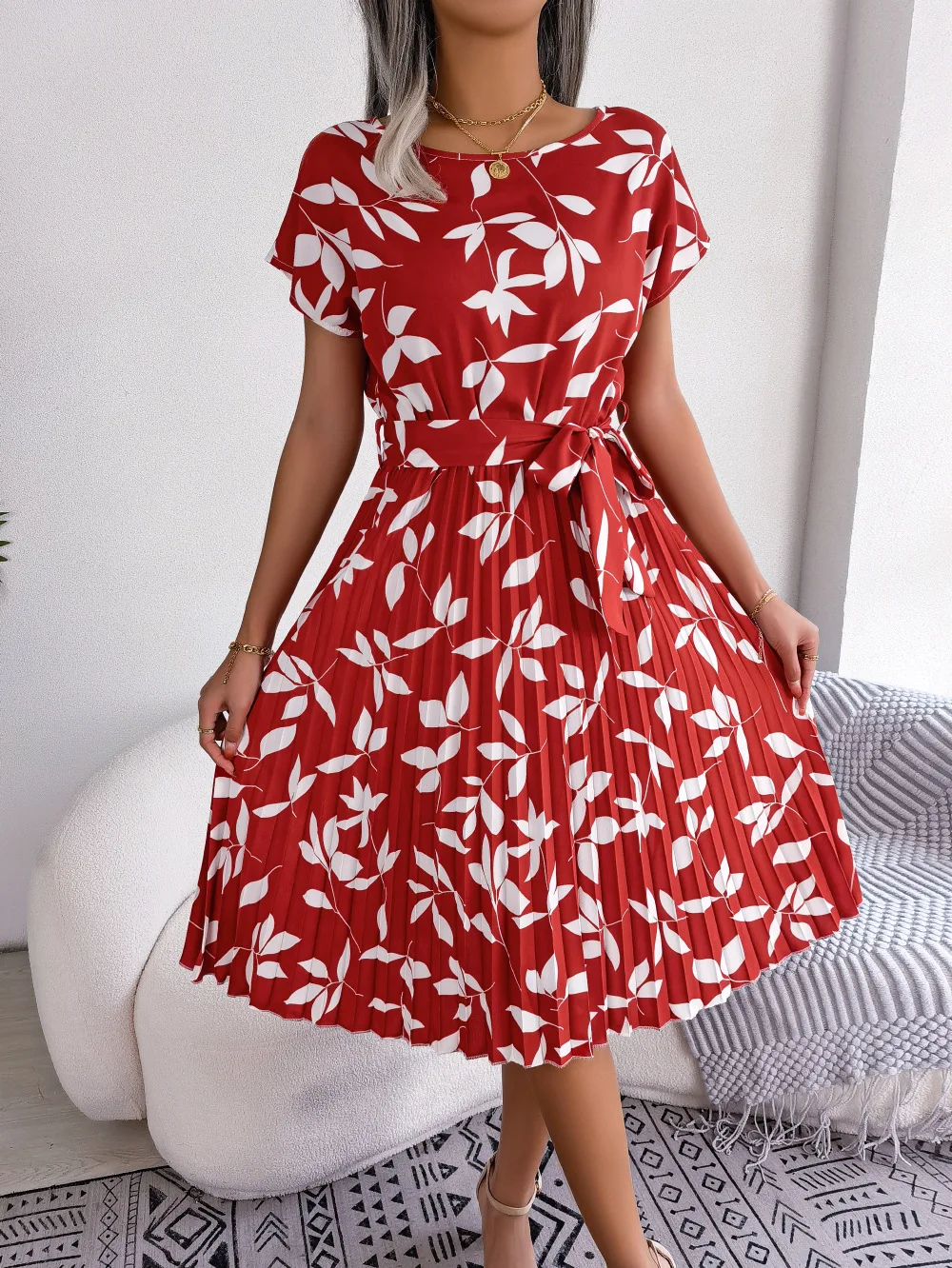 

Spring and Summer New Fashion Elegant Round Neck Printing Woman's Dresses Loose Leisure Trumpet Short Sleeve Lace-Up Woman Dress