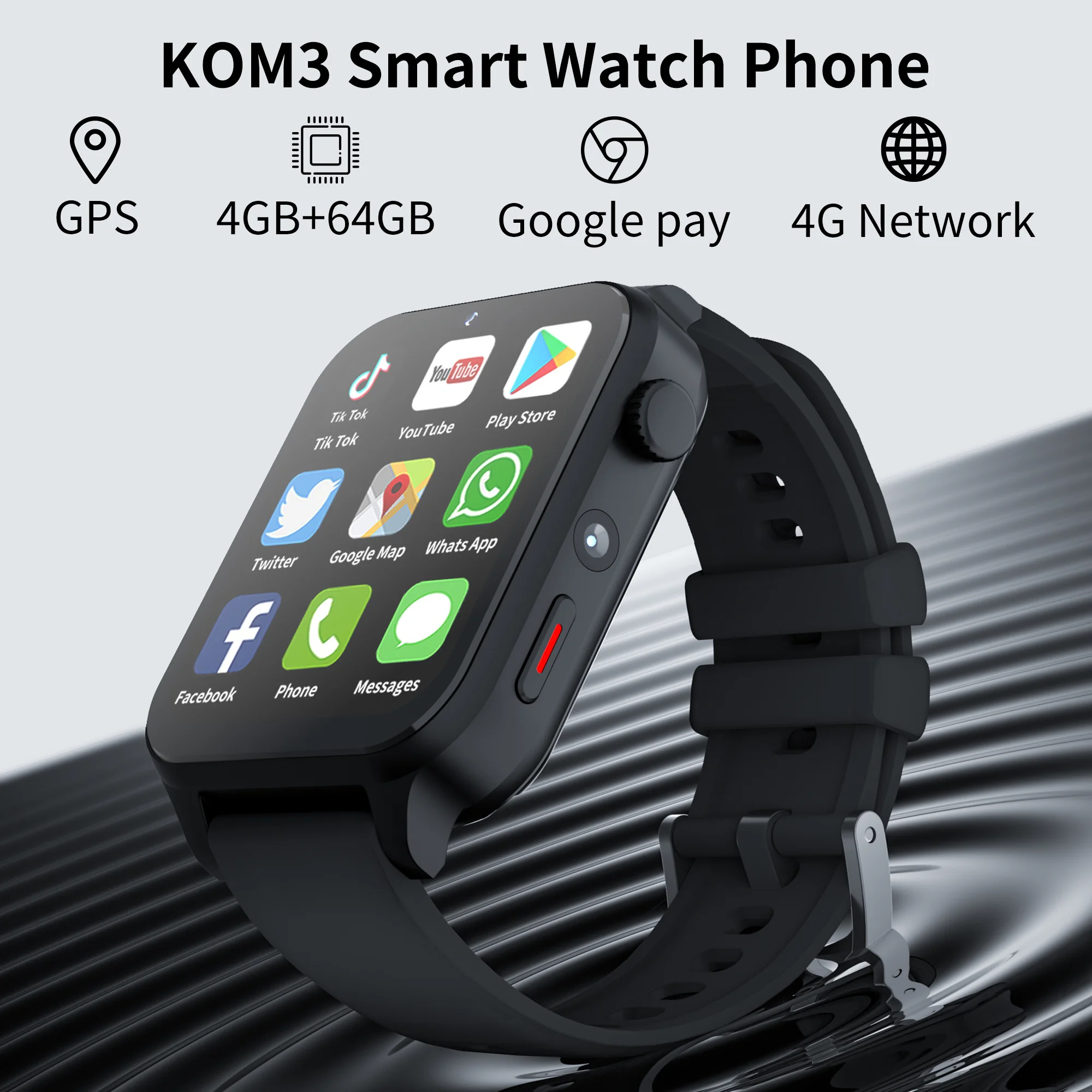 Smartwatch 1,99 KOM3 4G 4GB+64GB GPS câmera dupla monitor de frequência  cardíaca Google Play