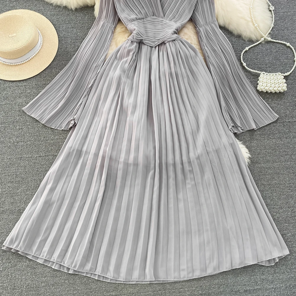 Autumn Flare Sleeve V-neck Midi Dresses for Women Solid Pleated A-line Elegant Party Dress Korean Fashion One Piece Vestidos New