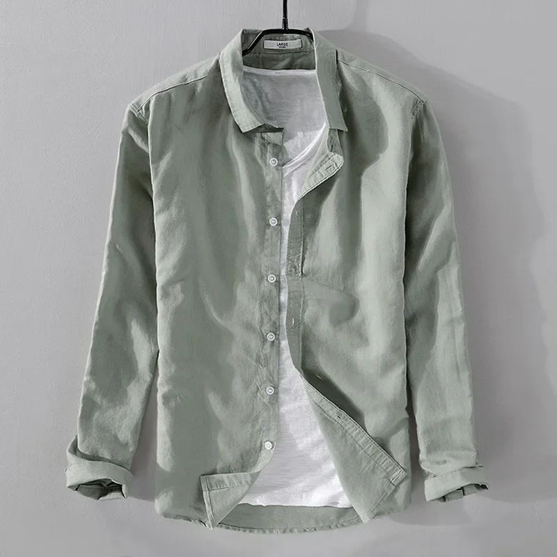 

2022 spring autumn new men's shirts fashion lapel casual long-sleeved cotton and linen shirts loose breathable linen shirts