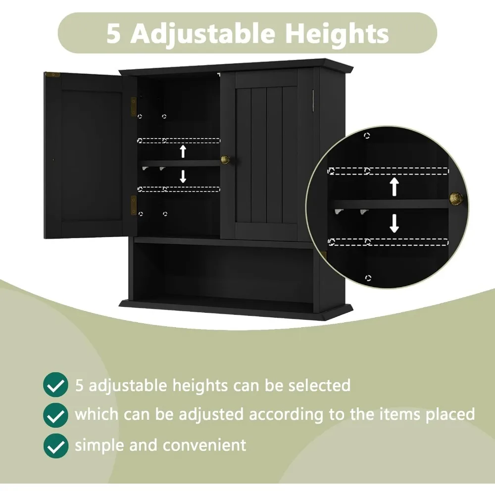 Black small bathroom cabinet wall mounted with 2 adjustable shelves, located above the toilet
